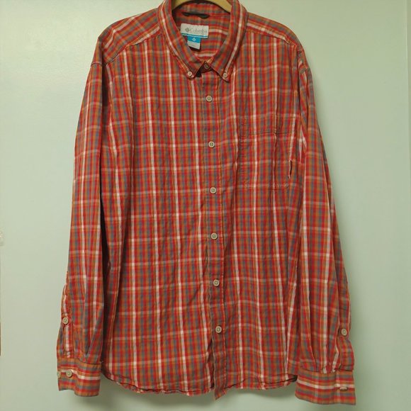 SOLD!--Columbia Long Sleeve Plaid Shirt, Red, Orange, Blue Tan, XXL - Picture 2 of 4
